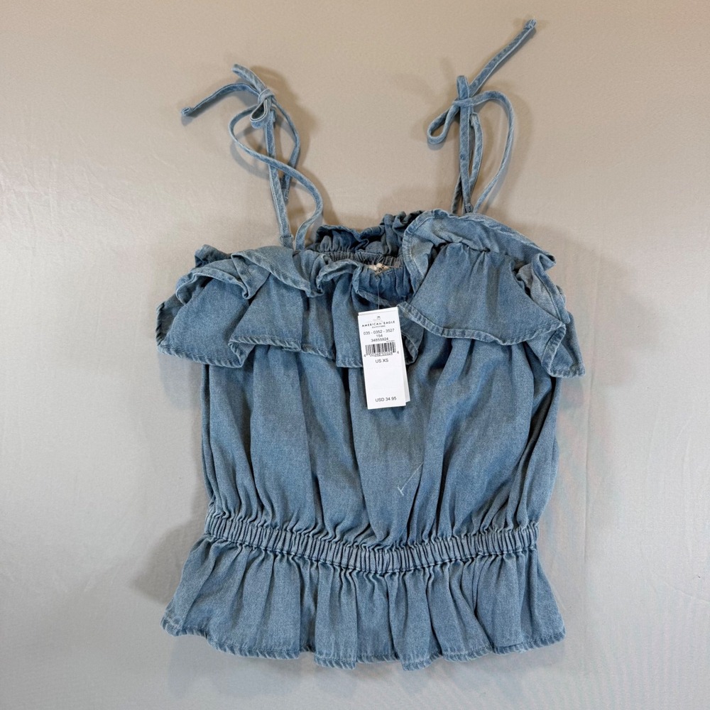American Eagle Ruffle Denim Cami Top Shirt‎ XS Smocked Festival Cowgirl Boho NEW